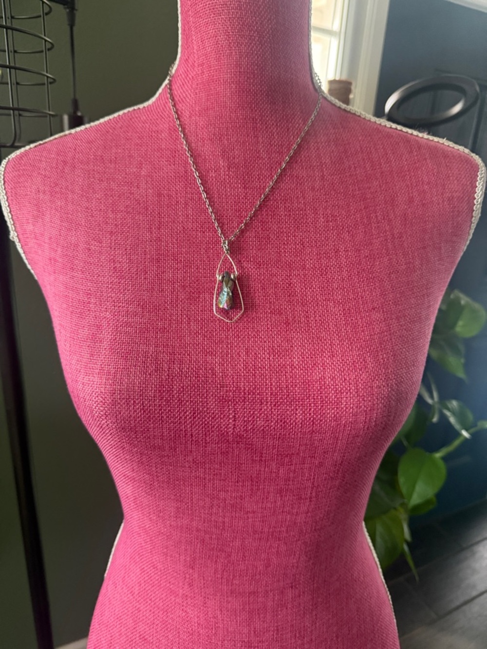 Sterling Silver Geometric Pendant Necklace with Iridescent Stone - Pink